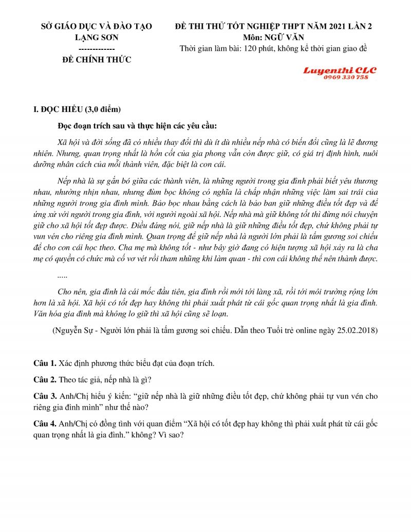 Đề thi thử tốt nghiệp THPT m&ocirc;n Ngữ Văn lần 2 tỉnh Lạng Sơn năm 2021