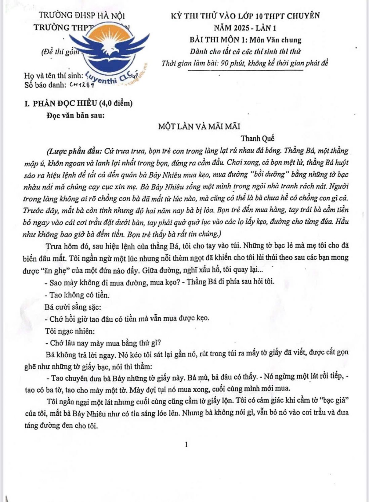 Đề thi thử vào lớp 10- THPT chuyên Sư phạm môn Ngữ Văn năm 2025- lần 1