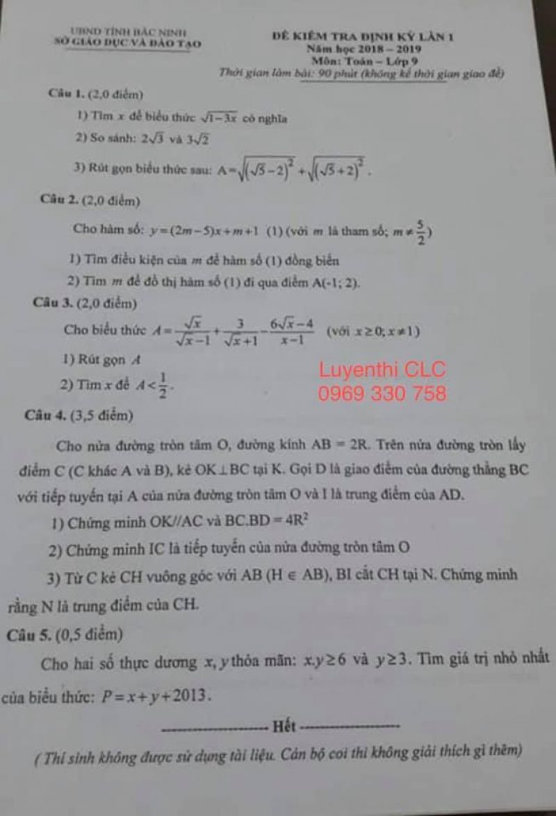 Đề kiểm tra định kỳ lần I môn Toán lớp 9 tỉnh Bắc Ninh năm 2018