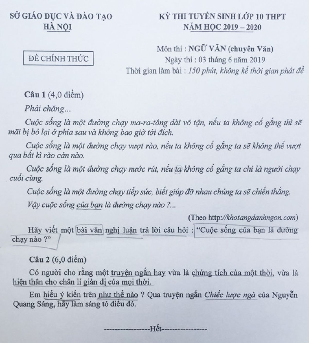 Đề thi tuyển sinh vào lớp 10 THPT môn Ngữ Văn (chuyên) thành phố Hà Nội năm 2019