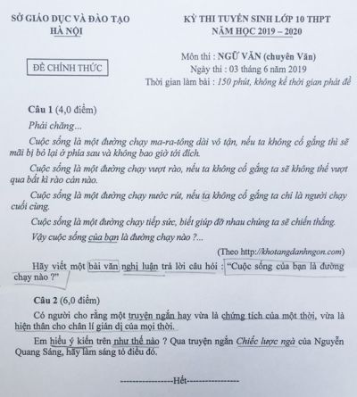 Đề thi tuyển sinh vào lớp 10 THPT môn Ngữ Văn (chuyên) thành phố Hà Nội năm 2019