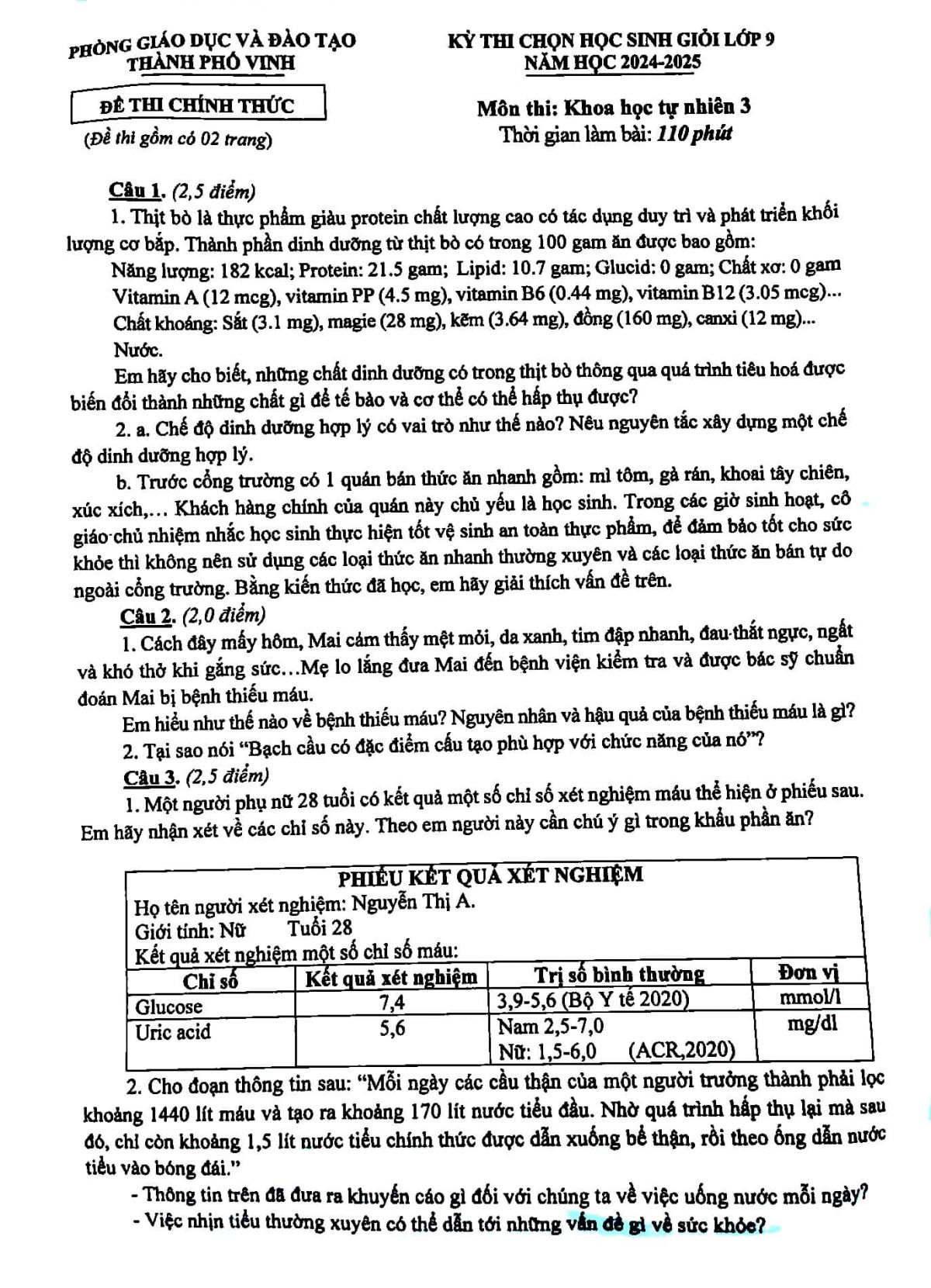 Đề thi Chọn HSG lớp 9 m&ocirc;n KHTN (Sinh học) th&agrave;nh phố Vinh năm 2024-2025