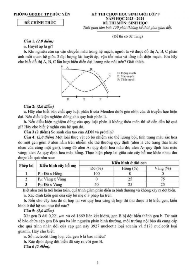 Đề thi chọn HSG môn Sinh học lớp 9 thành phố Phúc Yên tỉnh Vĩnh Phúc năm 2023