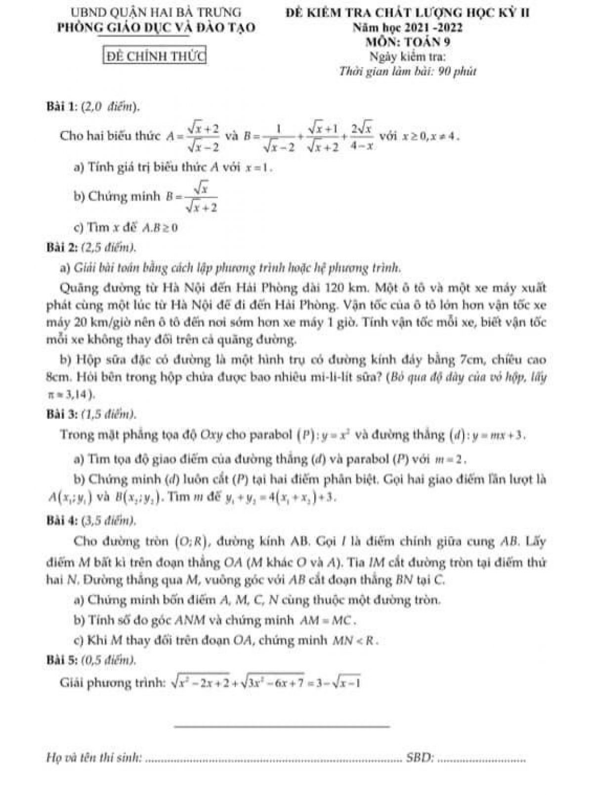Đề kiểm tra chất lượng học kỳ II v&agrave; đ&aacute;p &aacute;n m&ocirc;n To&aacute;n lớp 9 quận Hai B&agrave; Trưng, H&agrave; Nội năm 2022