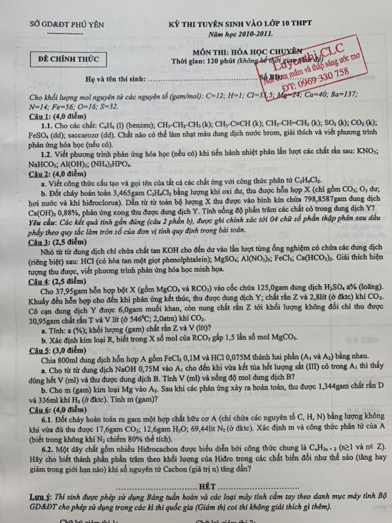 Đề thi tuyển sinh vào lớp 10 THPT CHUYÊN và đáp án môn Hóa Học tỉnh Phú Yên năm 2010