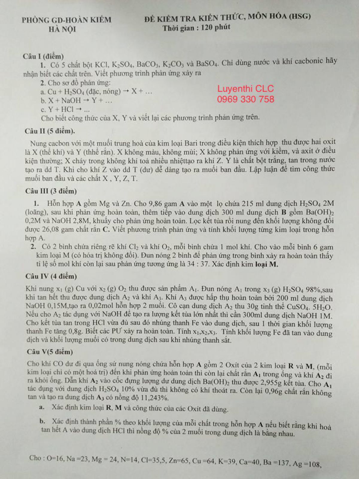 Đề kiểm tra kiến thức HSG m&ocirc;n H&oacute;a Học quận Ho&agrave;n Kiếm, H&agrave; Nội