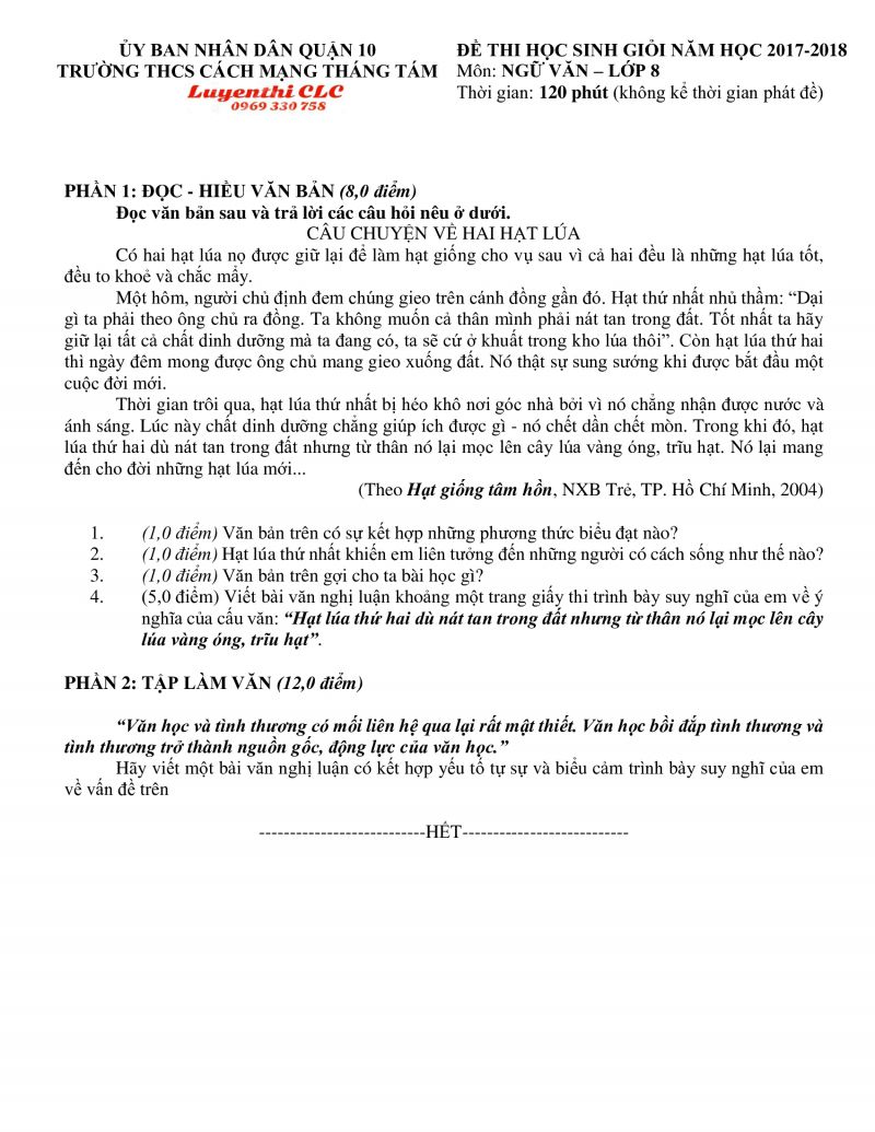 Đề thi HSG v&agrave; đ&aacute;p &aacute;n m&ocirc;n Ngữ Văn lớp 8 Trường THCS C&aacute;ch Mạng Th&aacute;ng 8, Quận 10, TP. Hồ Ch&iacute; Minh năm 2017