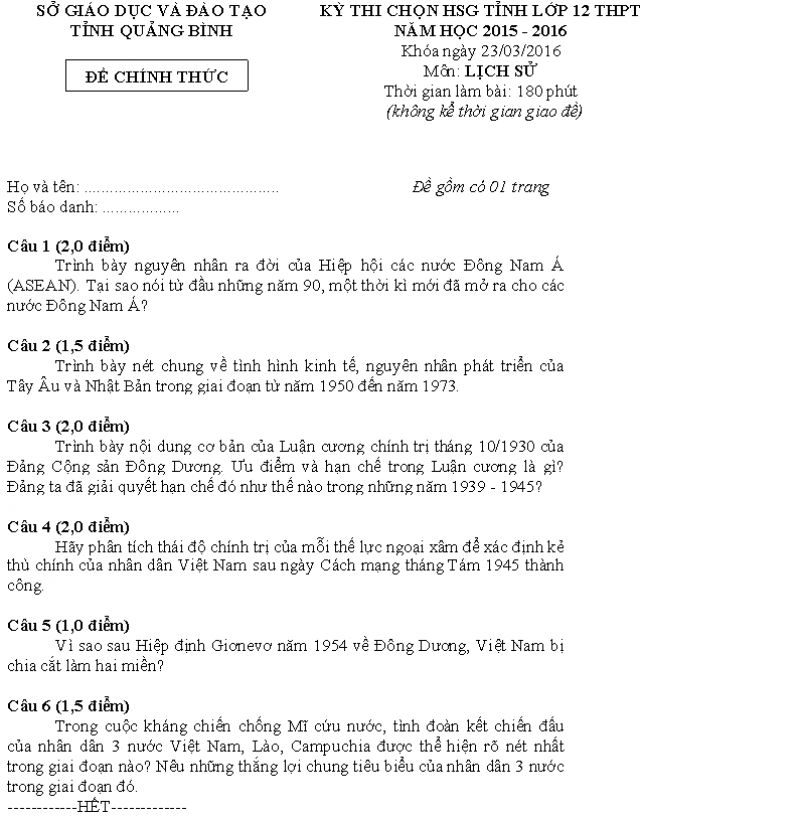 Đề thi chọn HSG lớp 12 THPT và đáp án môn Lịch Sử tỉnh Quảng Bình năm 2016