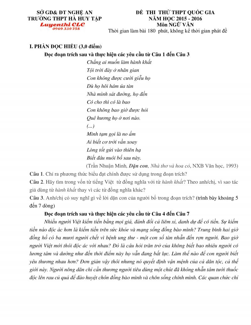 Đề thi thử THPT Quốc Gia v&agrave; đ&aacute;p &aacute;n m&ocirc;n Ngữ Văn tỉnh Nghệ An năm 2015