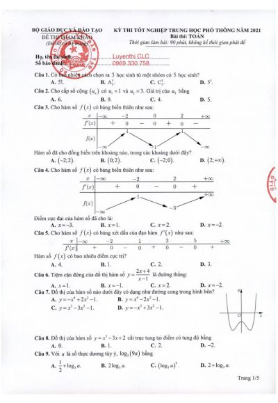 Đề thi tốt nghiệp trung học phổ thông  môn Toán năm 2021 (Đề tham khảo)