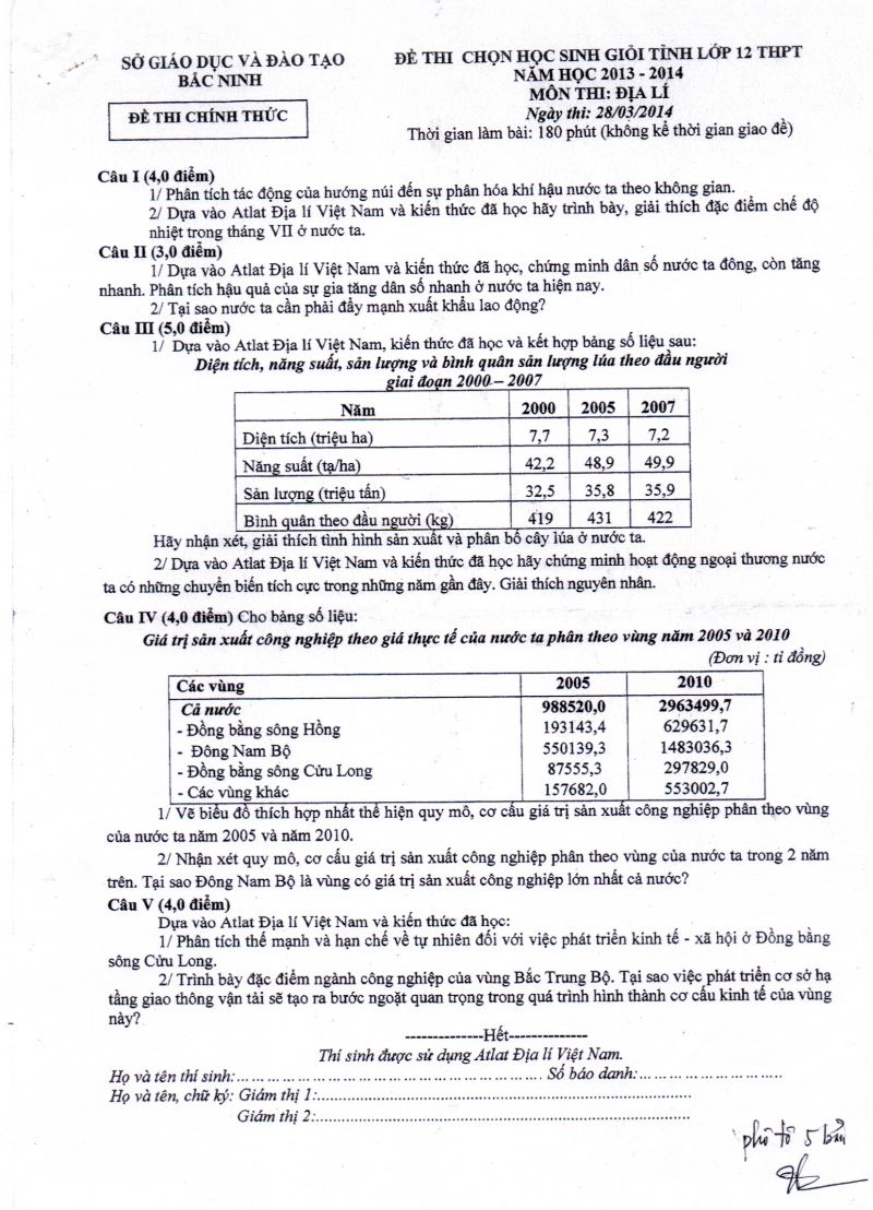 Đề thi chọn HSG lớp 12 THPT môn Địa lí tỉnh Bắc Ninh và đáp án năm 2014
