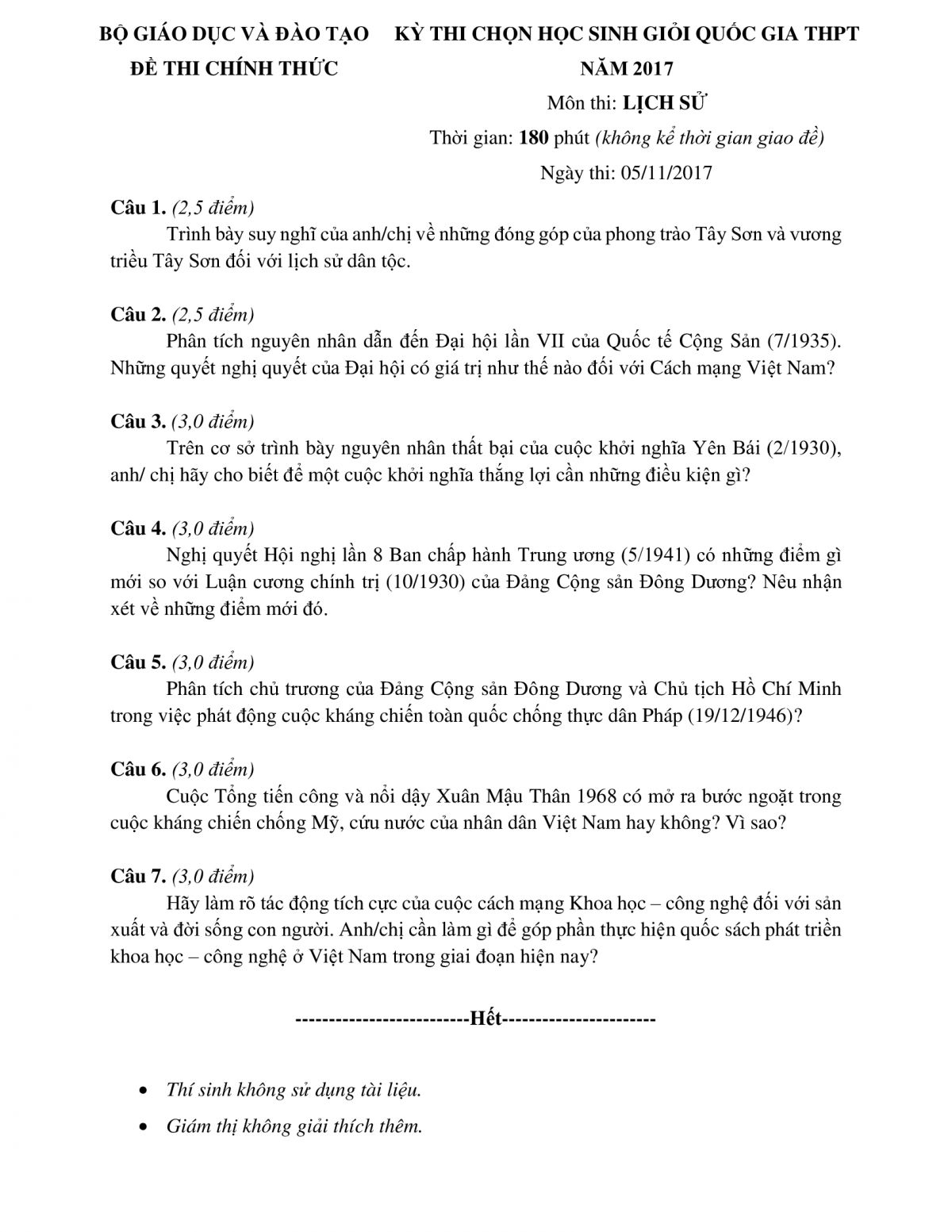 Đề thi chọn HSG THPT Quốc Gia môn Lịch Sử năm 2017