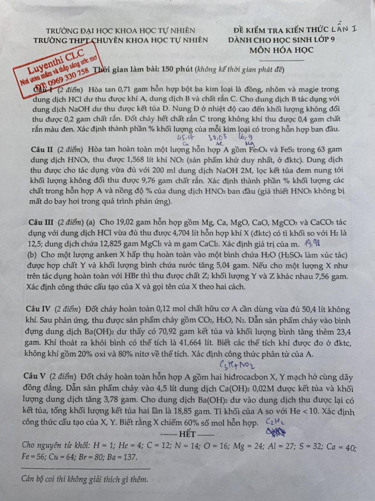 Đề kiểm tra kiến thức lần 1 v&agrave; đ&aacute;p &aacute;n m&ocirc;n H&oacute;a Học lớp 9 Trường THPT CHUY&Ecirc;N KHTN