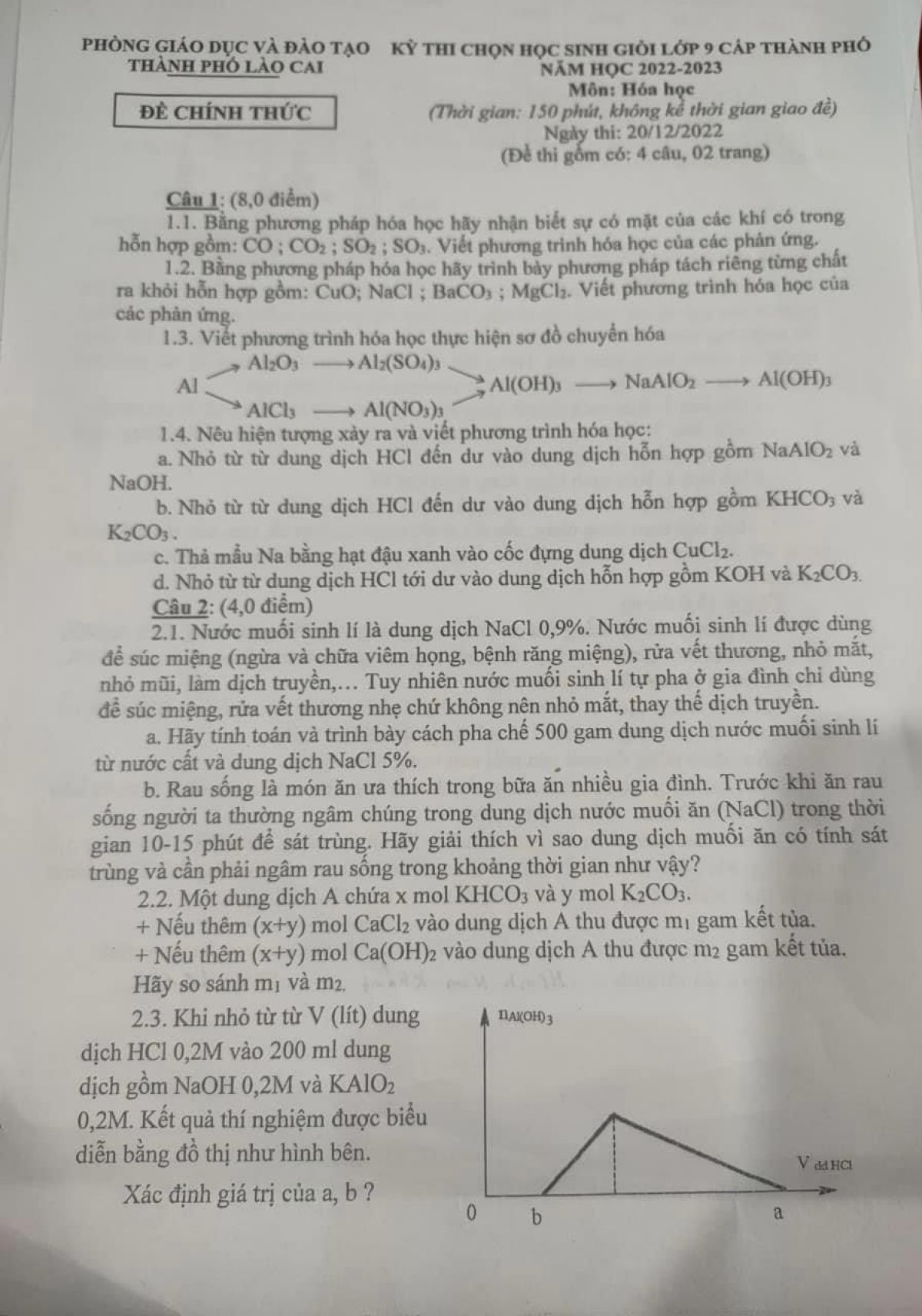 Đề thi chọn HSG môn Hóa học lớp 9 thành phố Lào Cai năm 2022