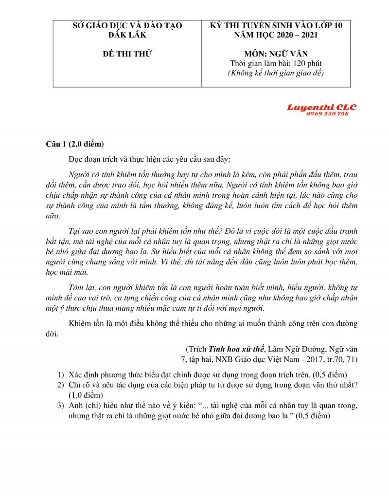 Đề thi thử tuyển sinh vào lớp 10 THPT môn Ngữ Văn tỉnh Đắk Lắk năm 2020