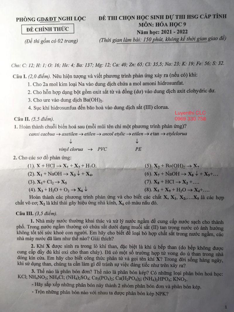 Đề thi chọn học sinh dự thi HSG môn Hóa Học lớp 9 huyện Nghi Lộc, tỉnh Nghệ An năm 2022