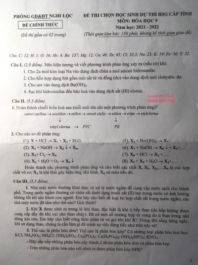 Đề thi chọn học sinh dự thi HSG môn Hóa Học lớp 9 huyện Nghi Lộc, tỉnh Nghệ An năm 2022