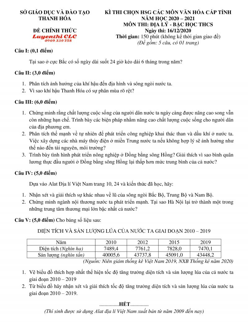 Đề thi chọn HSG m&ocirc;n Địa L&iacute; THCS tỉnh Thanh H&oacute;a năm 2020