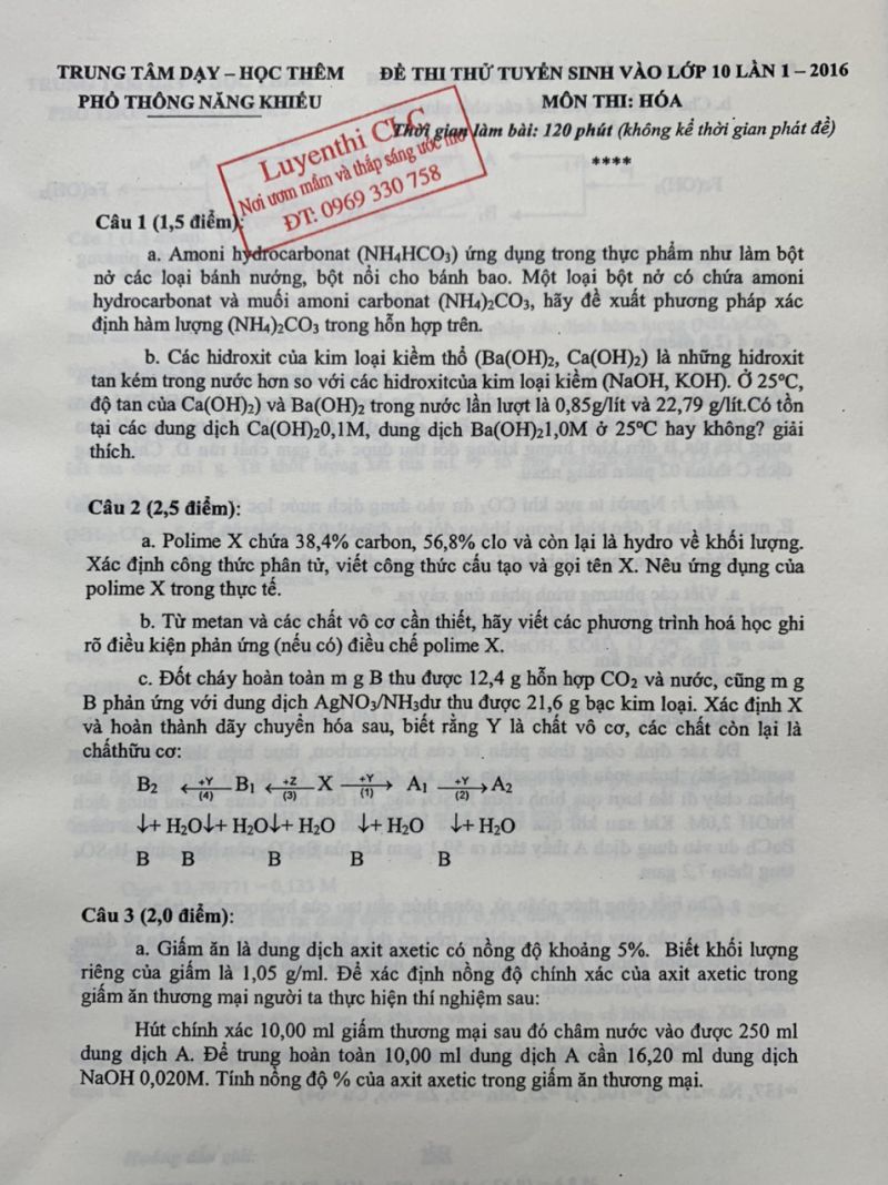 Đề thi thử tuyển sinh vào lớp 10 và đáp án môn Hóa Học - lần 1 năm 2016