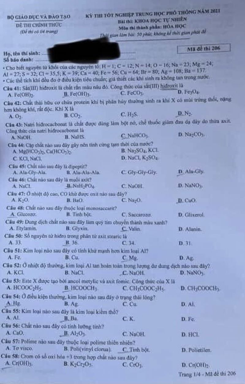 Đề thi tốt nghiệp THPT môn Hóa Học năm 2021 - Mã đề 206