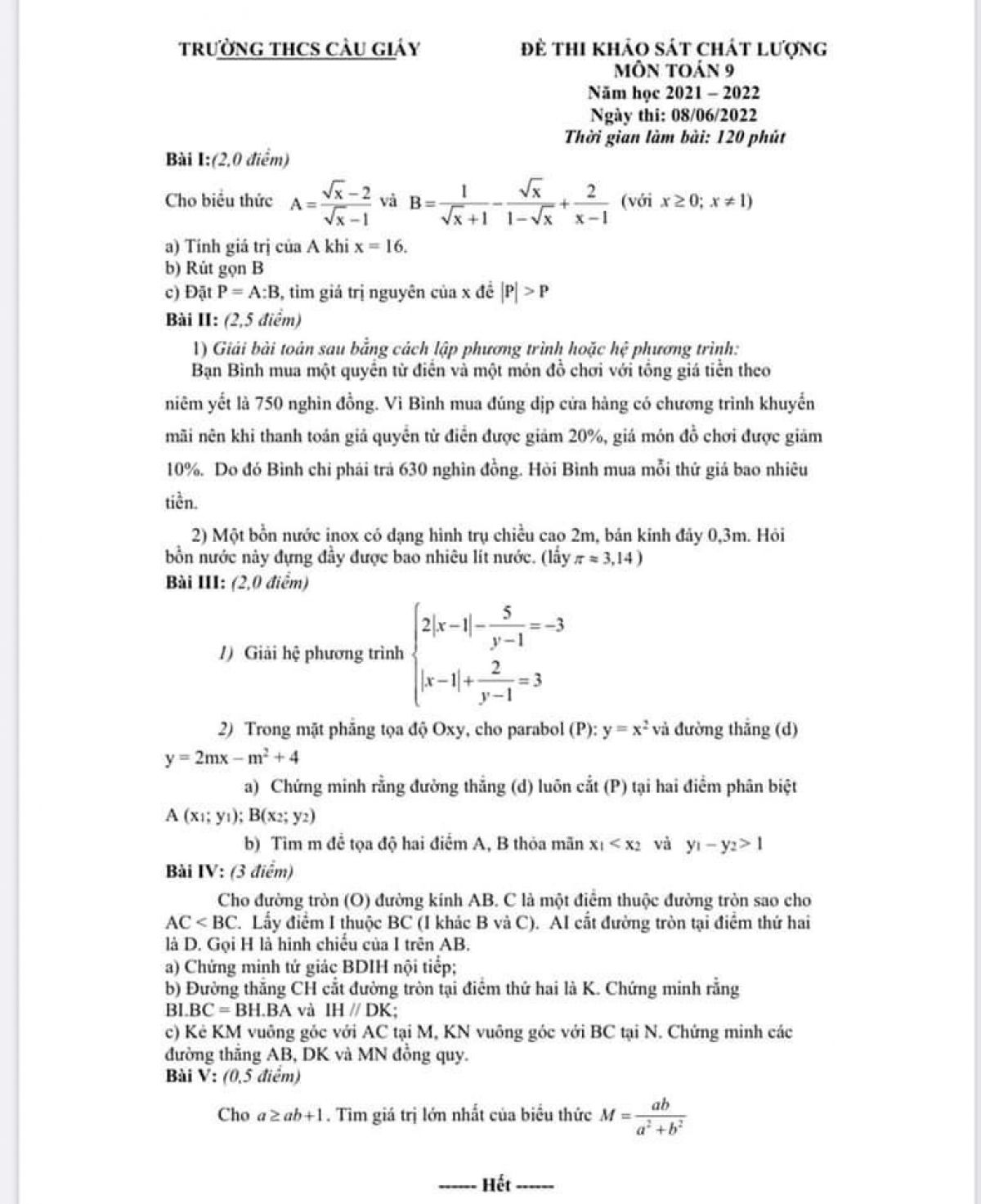 Đề thi khảo s&aacute;t chất lượng v&agrave; đ&aacute;p &aacute;n m&ocirc;n To&aacute;n lớp 9 Trường THCS Cầu Giấy, H&agrave; Nội năm 2022