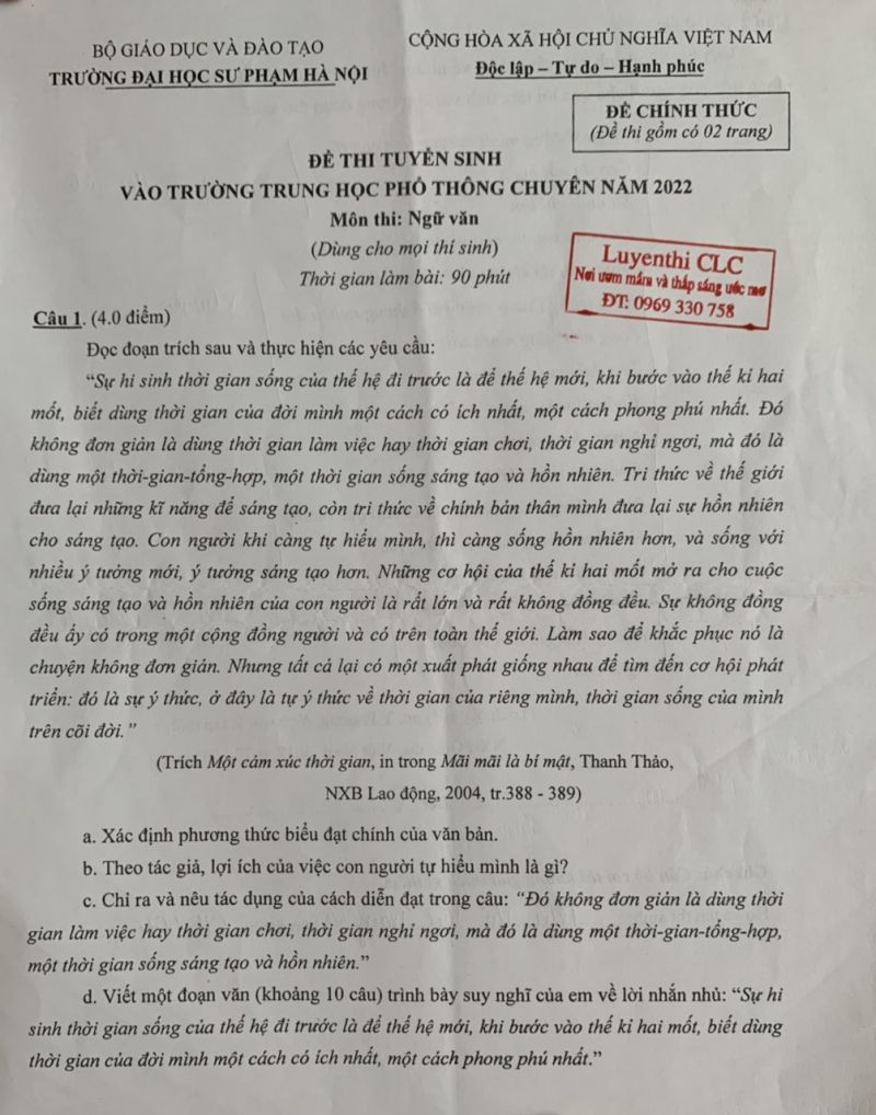 Đề thi tuyển sinh vào lớp 10 THPT CHUYÊN môn Ngữ Văn Trường Đại học Sư phạm Hà Nội năm 2022