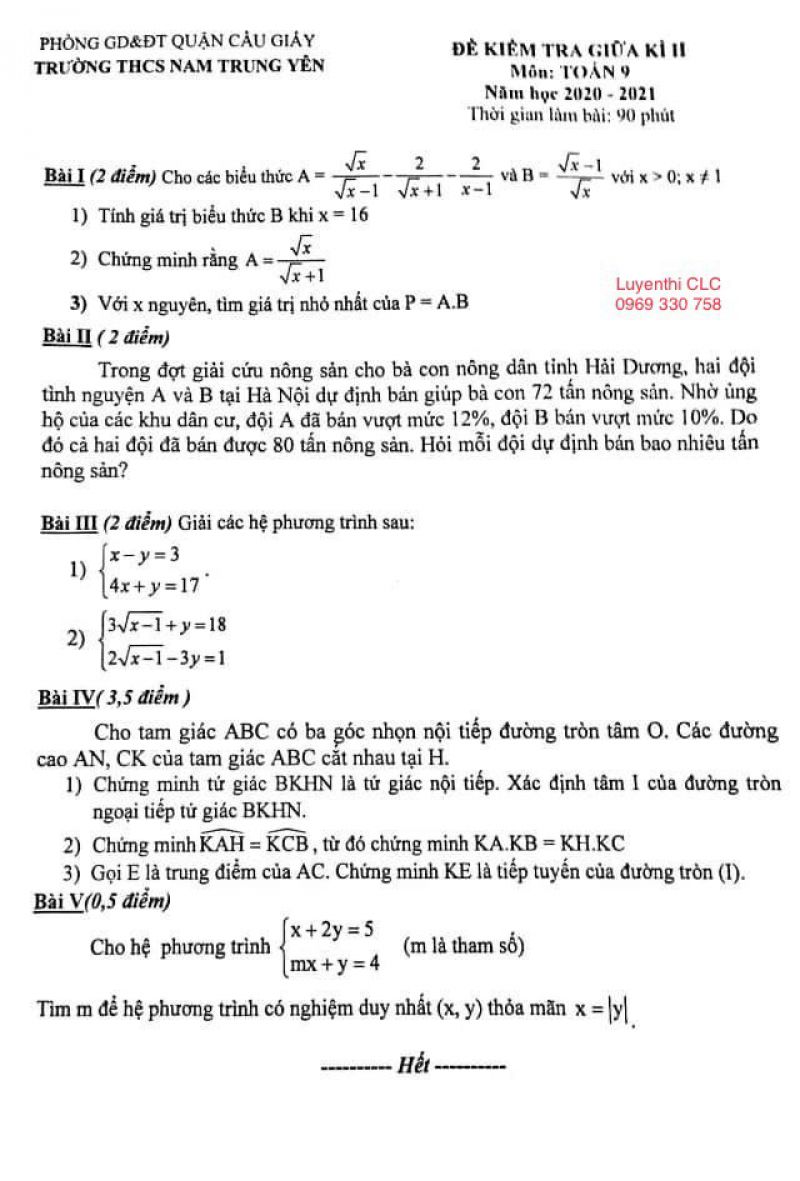 Đề kiểm tra giữa học kì II môn Toán lớp 9 Trường THCS Nam Trung Yên, quận Cầu giấy, Hà Nội năm 2020