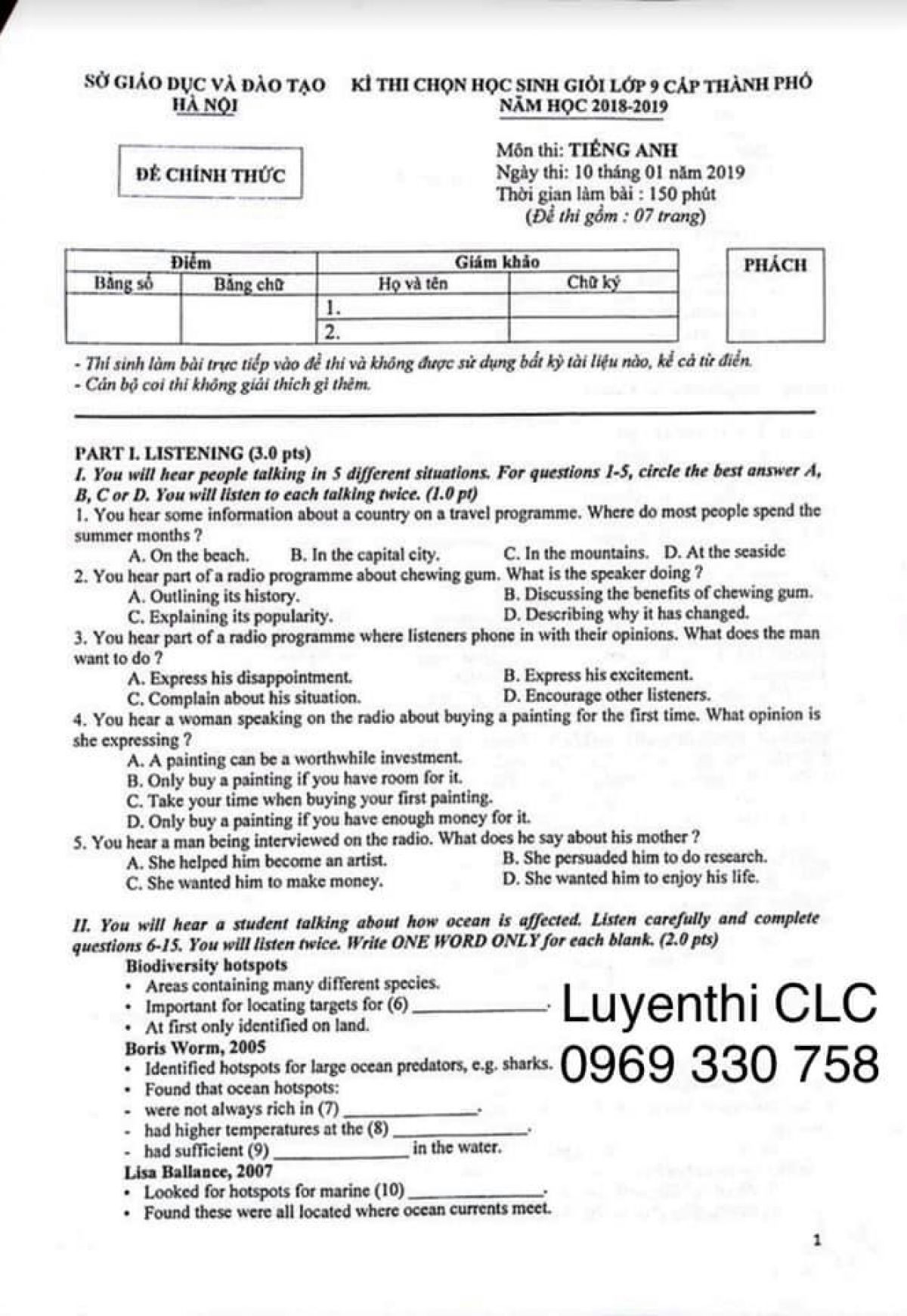 Đề thi HSG m&ocirc;n Tiếng Anh -  th&agrave;nh phố H&agrave; Nội năm 2019 (thi s&aacute;ng ng&agrave;y 10/1/2019)