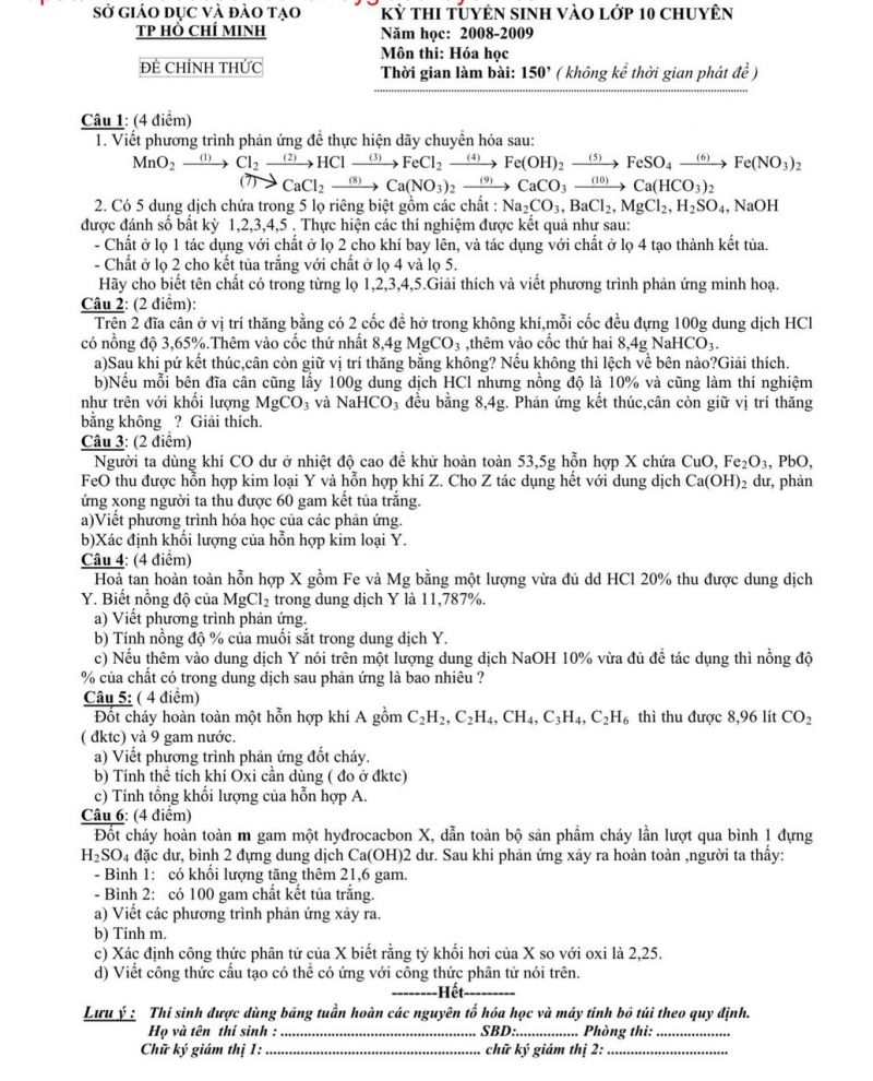Đề thi tuyển sinh v&agrave;o lớp 10 THPT CHUY&Ecirc;N m&ocirc;n H&oacute;a Học Th&agrave;nh phố Hồ Ch&iacute; Minh năm 2009