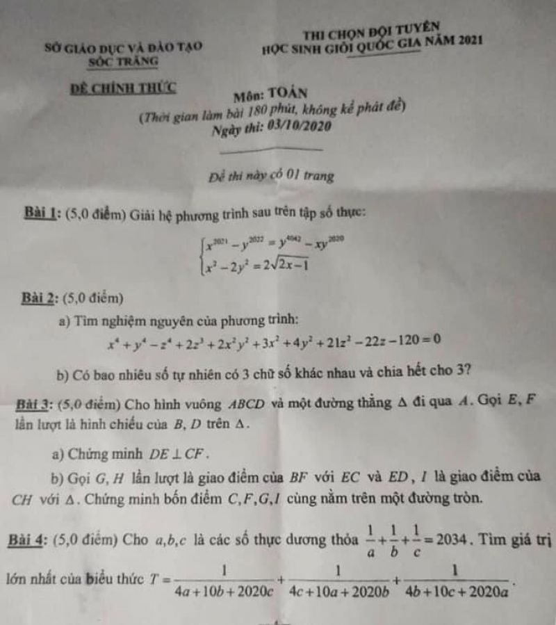 Đề thi chọn HSG Quốc Gia m&ocirc;n To&aacute;n tỉnh S&oacute;c Trăng năm 2020