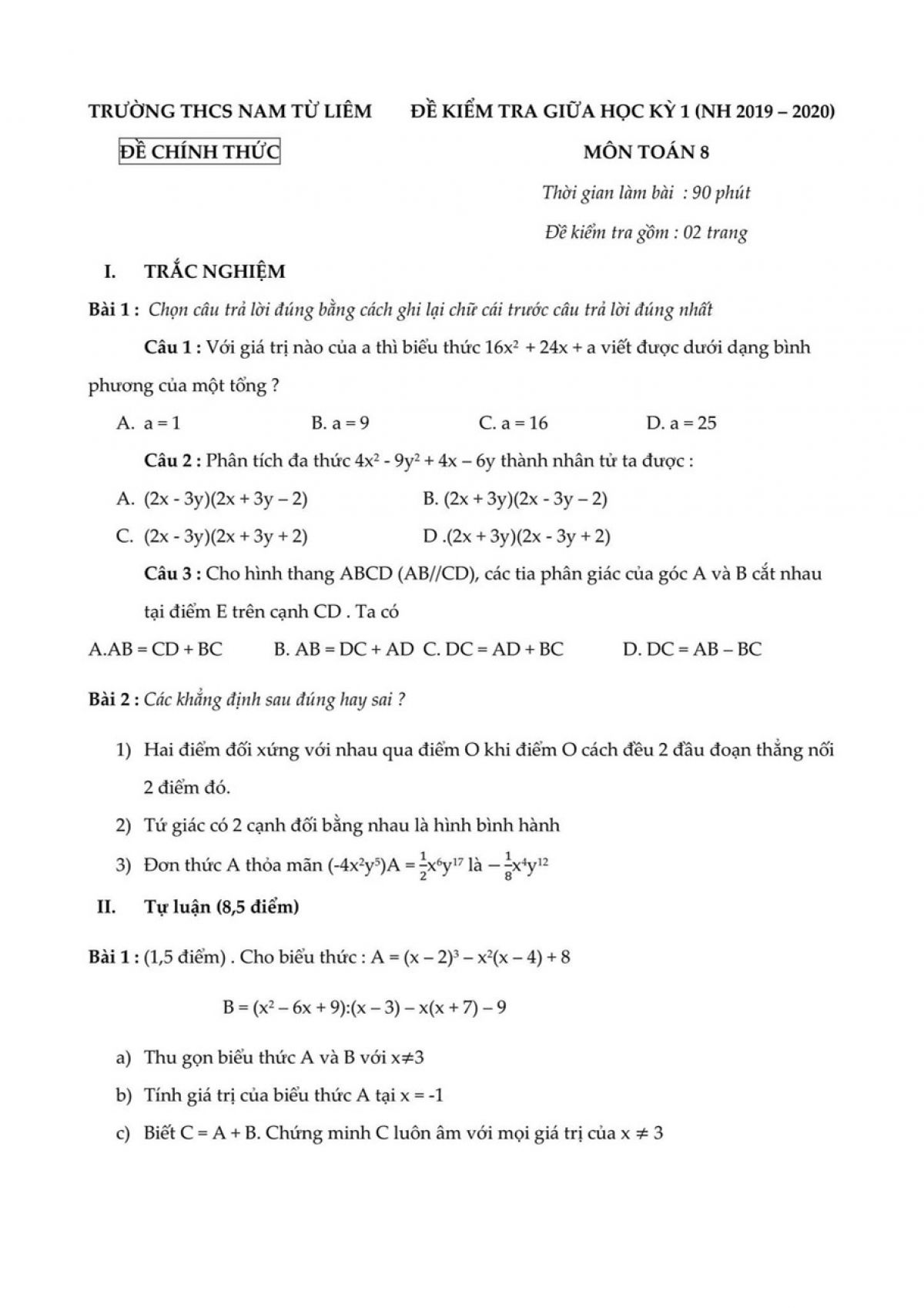 Đề kiểm tra giữa học kì I môn Toán lớp 8 Trường THCS Nam Từ Liêm năm 2019