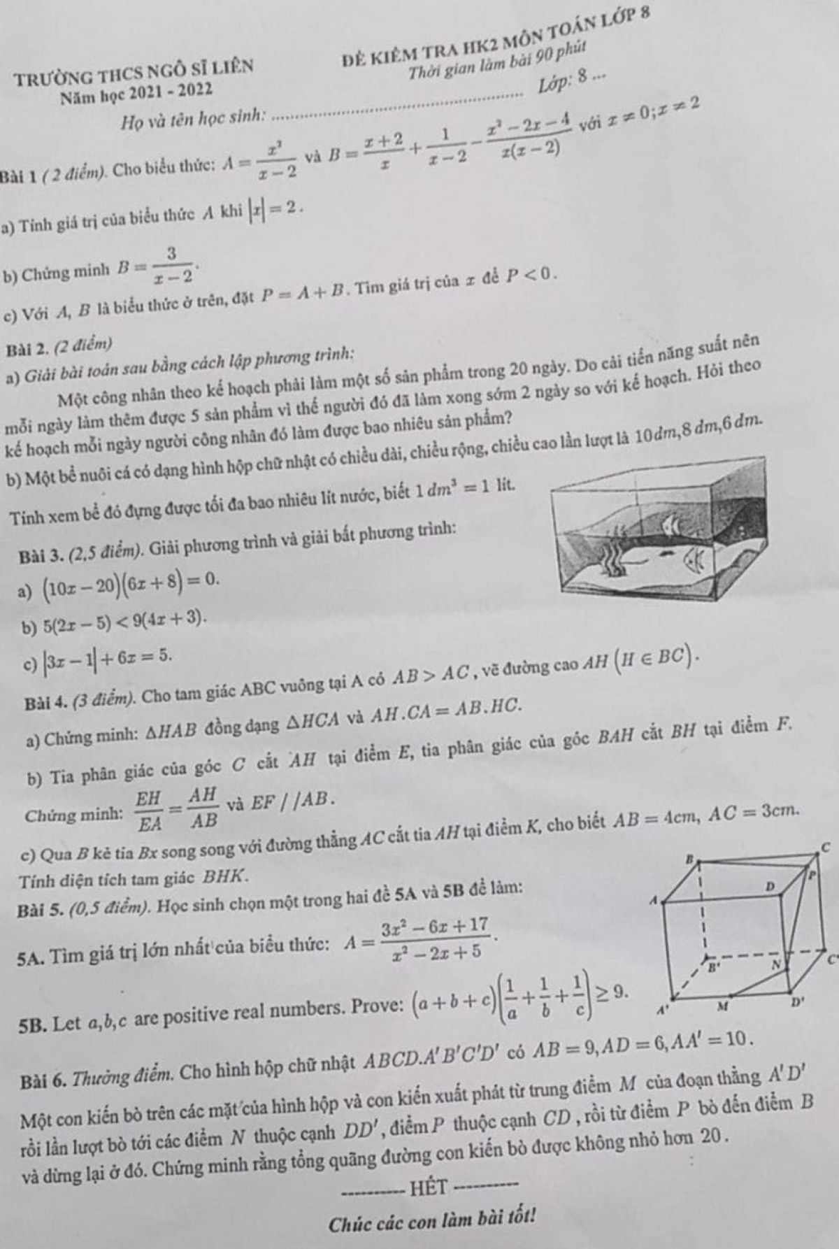 Đề kiểm tra học kì 2 môn Toán lớp 8 Trường THCS Ngô Sĩ Liên năm 2022
