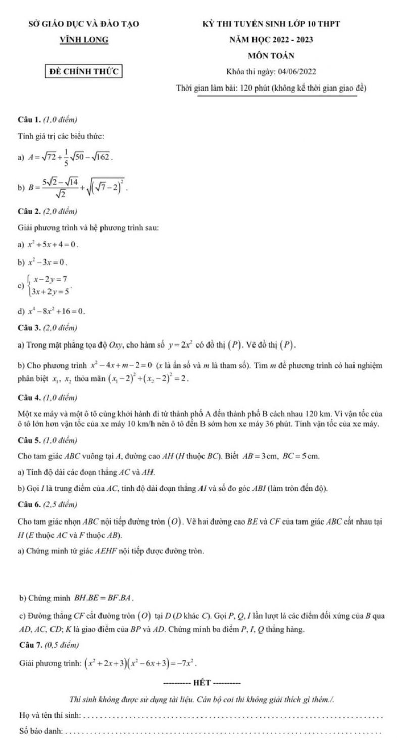 Đề thi tuyển sinh vào lớp 10 THPT môn Toán tỉnh Vĩnh Long năm 2022