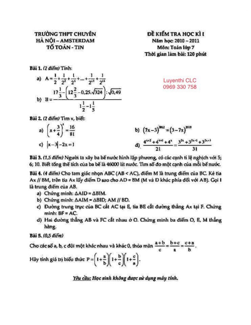 Đề kiểm tra học kì I môn Toán lớp 7 Trường THPT CHUYÊN Amsterdam năm 2010