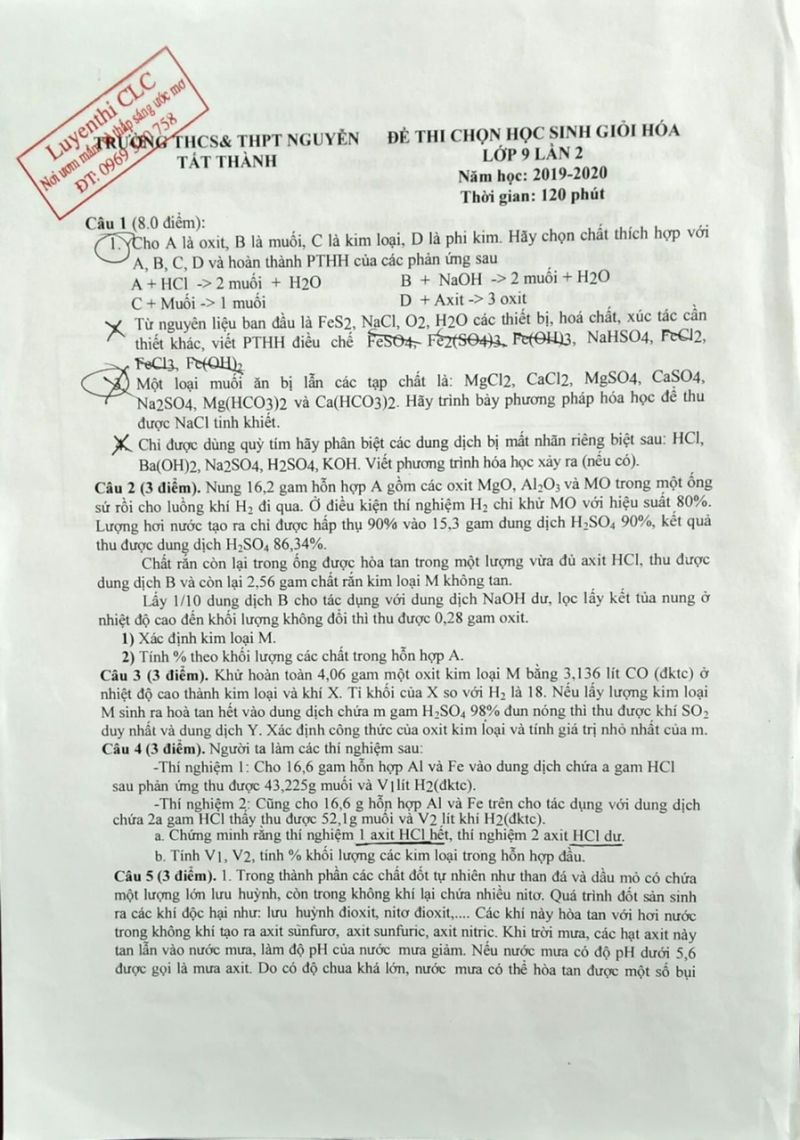 Đề thi chọn HSG môn Hóa Học lớp 9 lần 2 Trường THCS &amp; THPT Nguyễn Tất Thành năm 2019