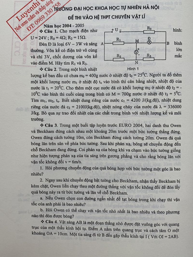 Đề thi tuyển sinh vào lớp 10 THPT CHUYÊN và đáp án môn Vật Lí Trường Đại học KHTN Hà Nội năm 2005