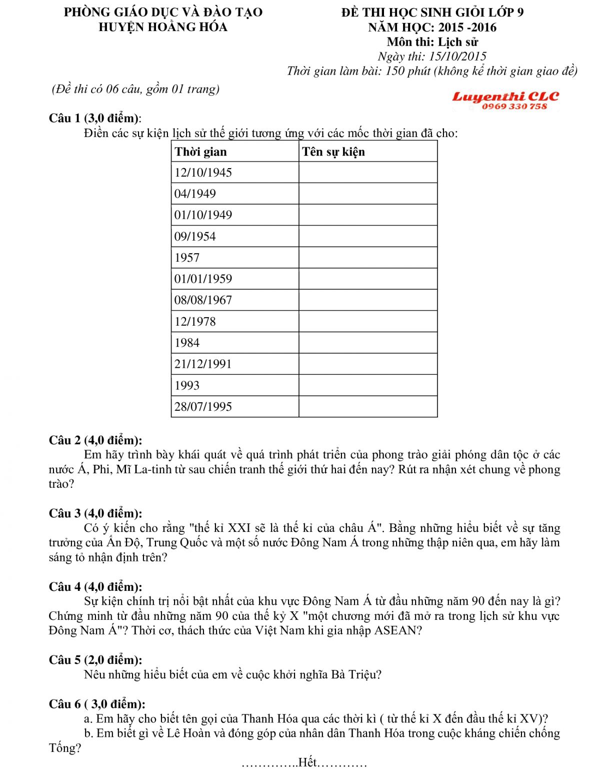 Đề thi HSG lớp 9 môn Lịch Sử huyện Hoằng Hóa, tỉnh Thanh Hóa năm 2015