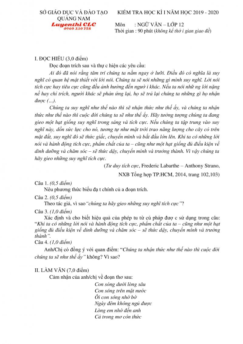Đề kiểm tra học kì I môn Ngữ Văn lớp 12 tỉnh Quảng Nam năm 2019