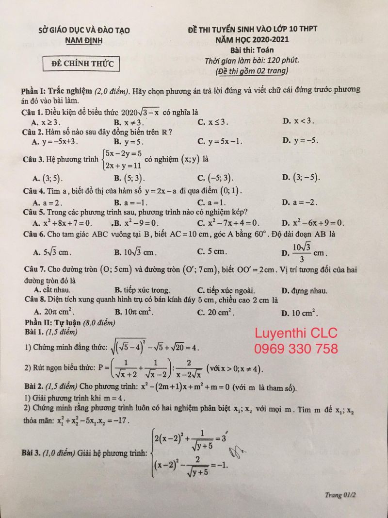 Đề thi tuyển sinh môn Toán vào lớp 10 THPT tỉnh Nam Định năm 2020