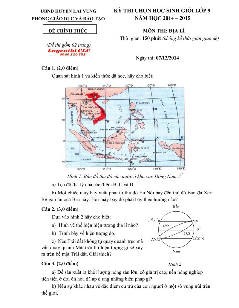Đề thi chọn HSG lớp 9 môn Địa Lí tỉnh Phú Thọ năm 2014