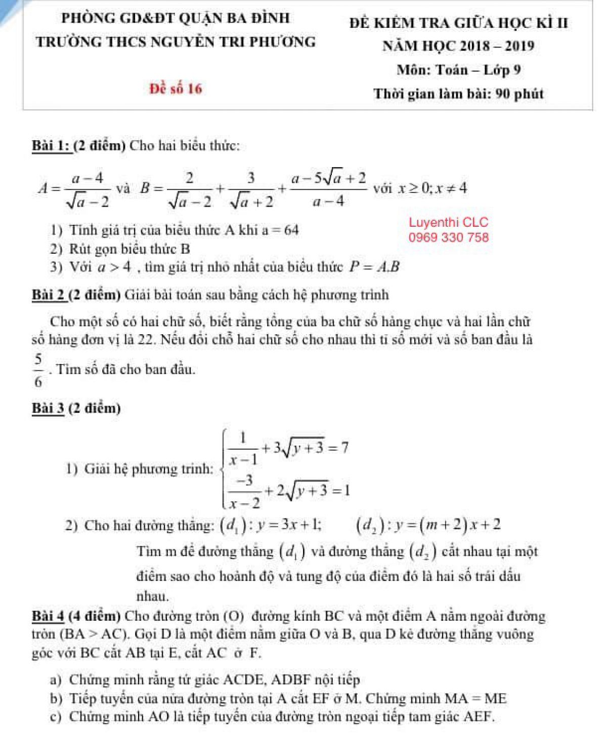 Đề kiểm tra giữa học k&igrave; II m&ocirc;n To&aacute;n lớp 9 Trường THCS Nguyễn Tri Phương, quận Ba Đ&igrave;nh, H&agrave; Nội năm 2018
