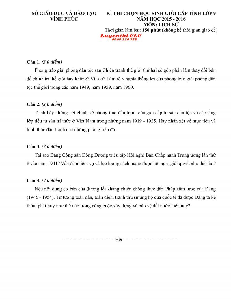 Đề thi chọn HSG môn Lịch Sử lớp 9 tỉnh Vĩnh Phúc năm 2015