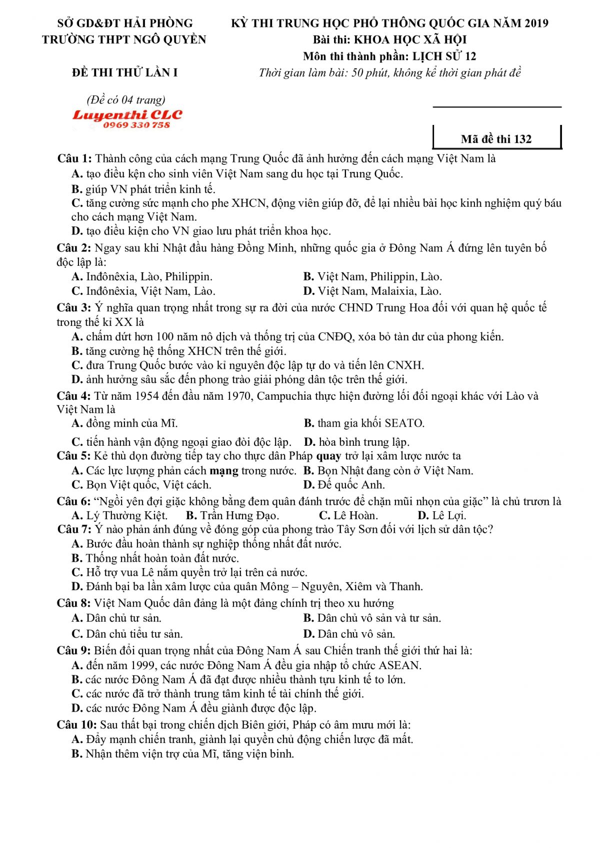 Đề thi THPT Quốc Gia m&ocirc;n Lịch Sử Trường THPT Ng&ocirc; Quyền, Hải Ph&ograve;ng năm 2019