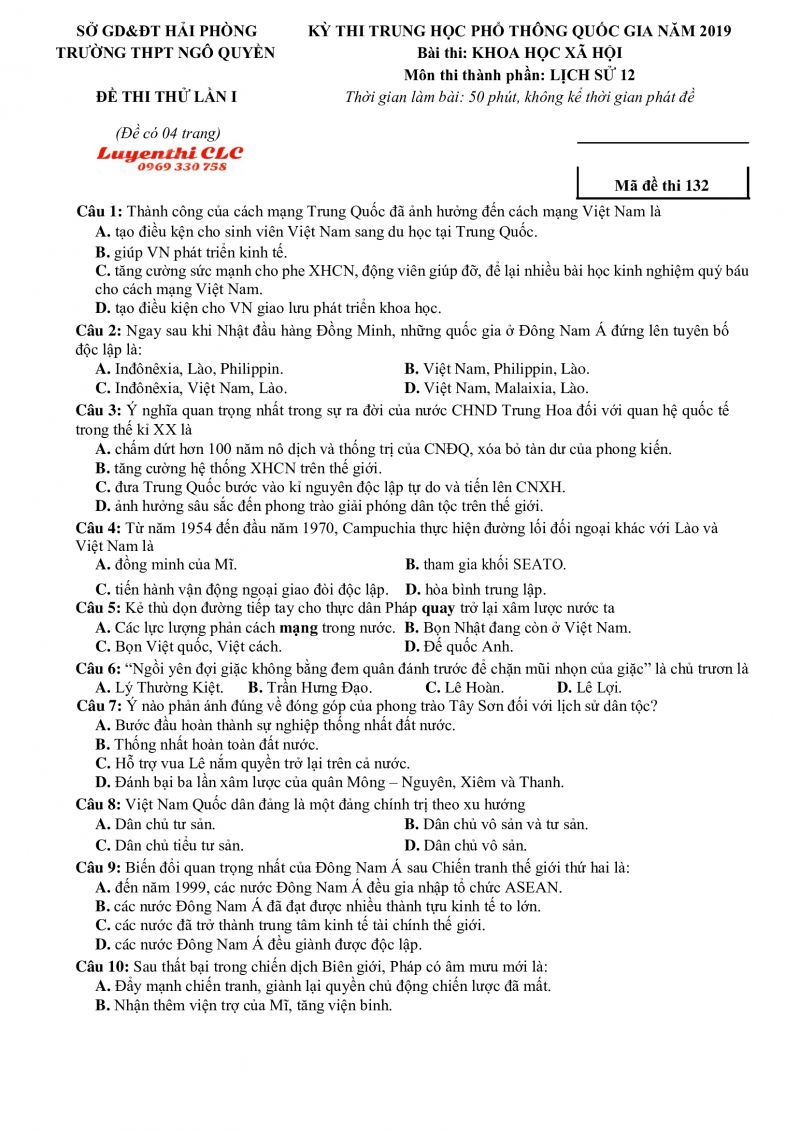 Đề thi THPT Quốc Gia môn Lịch Sử Trường THPT Ngô Quyền, Hải Phòng năm 2019