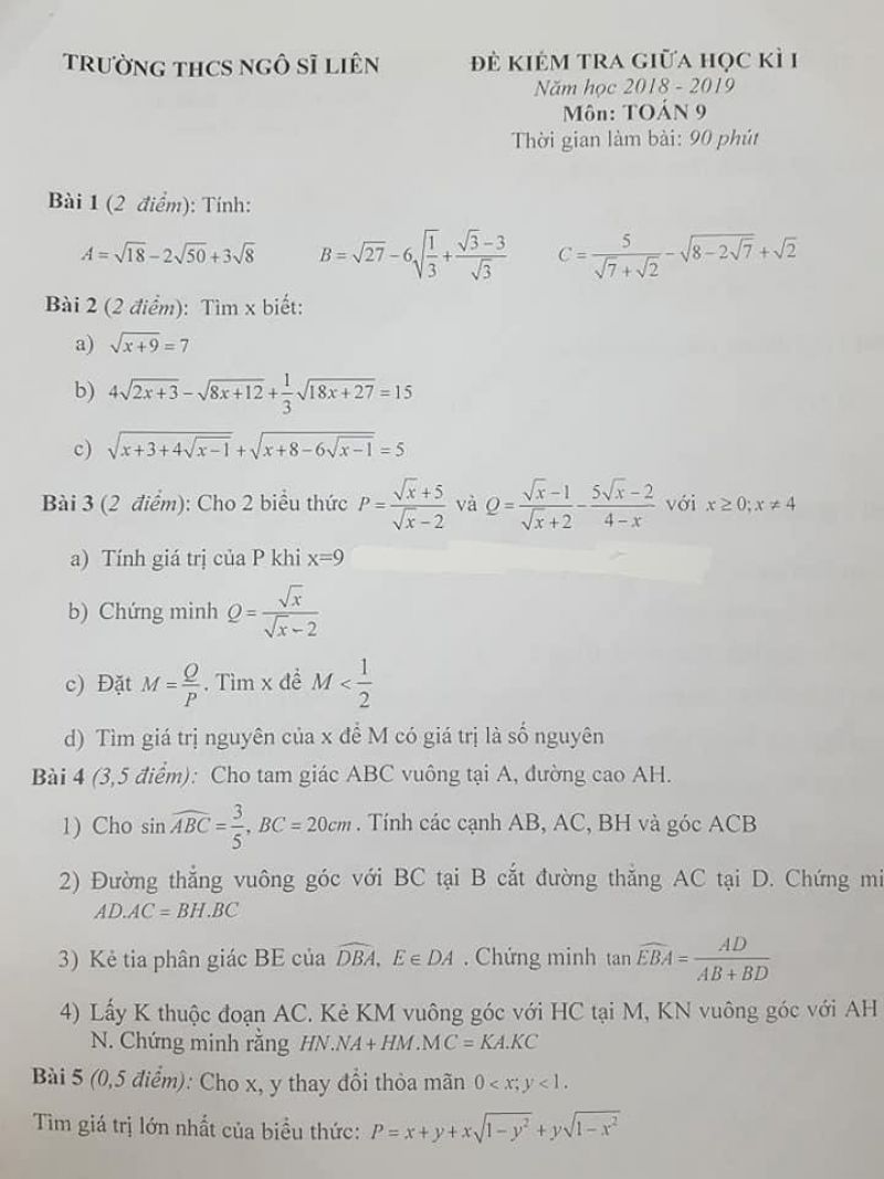 Đề kiểm tra giữa học k&igrave; I m&ocirc;n To&aacute;n lớp 9 Trường THCS Ng&ocirc; Sĩ Li&ecirc;n năm 2018
