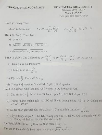 Đề kiểm tra giữa học kì I môn Toán lớp 9 Trường THCS Ngô Sĩ Liên năm 2018