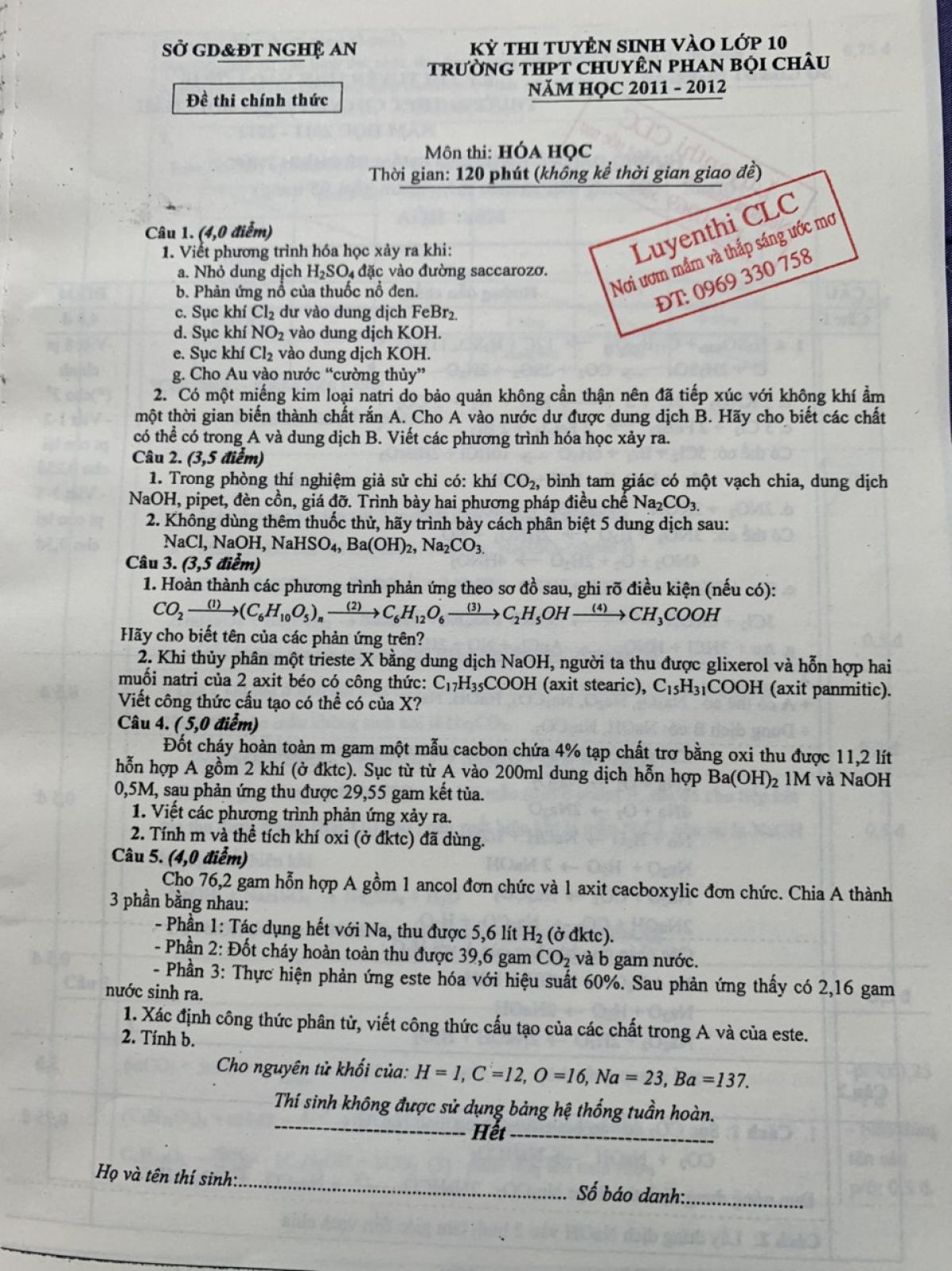 Đề thi tuyển sinh vào lớp 10 THPT CHUYÊN và đáp án môn Hóa Học Trường THPT CHUYÊN Phan Bội Châu tỉnh Nghệ An năm 2012