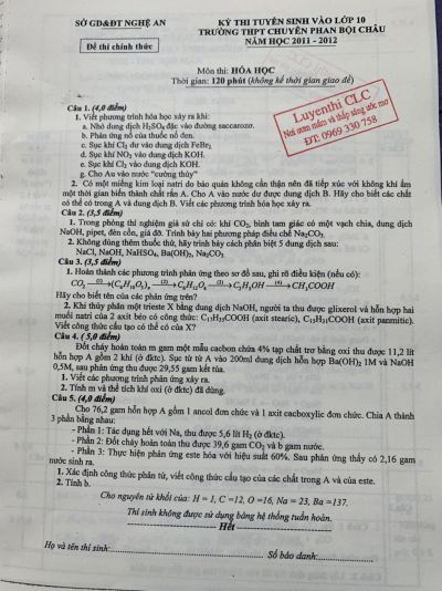 Đề thi tuyển sinh vào lớp 10 THPT CHUYÊN và đáp án môn Hóa Học Trường THPT CHUYÊN Phan Bội Châu tỉnh Nghệ An năm 2012