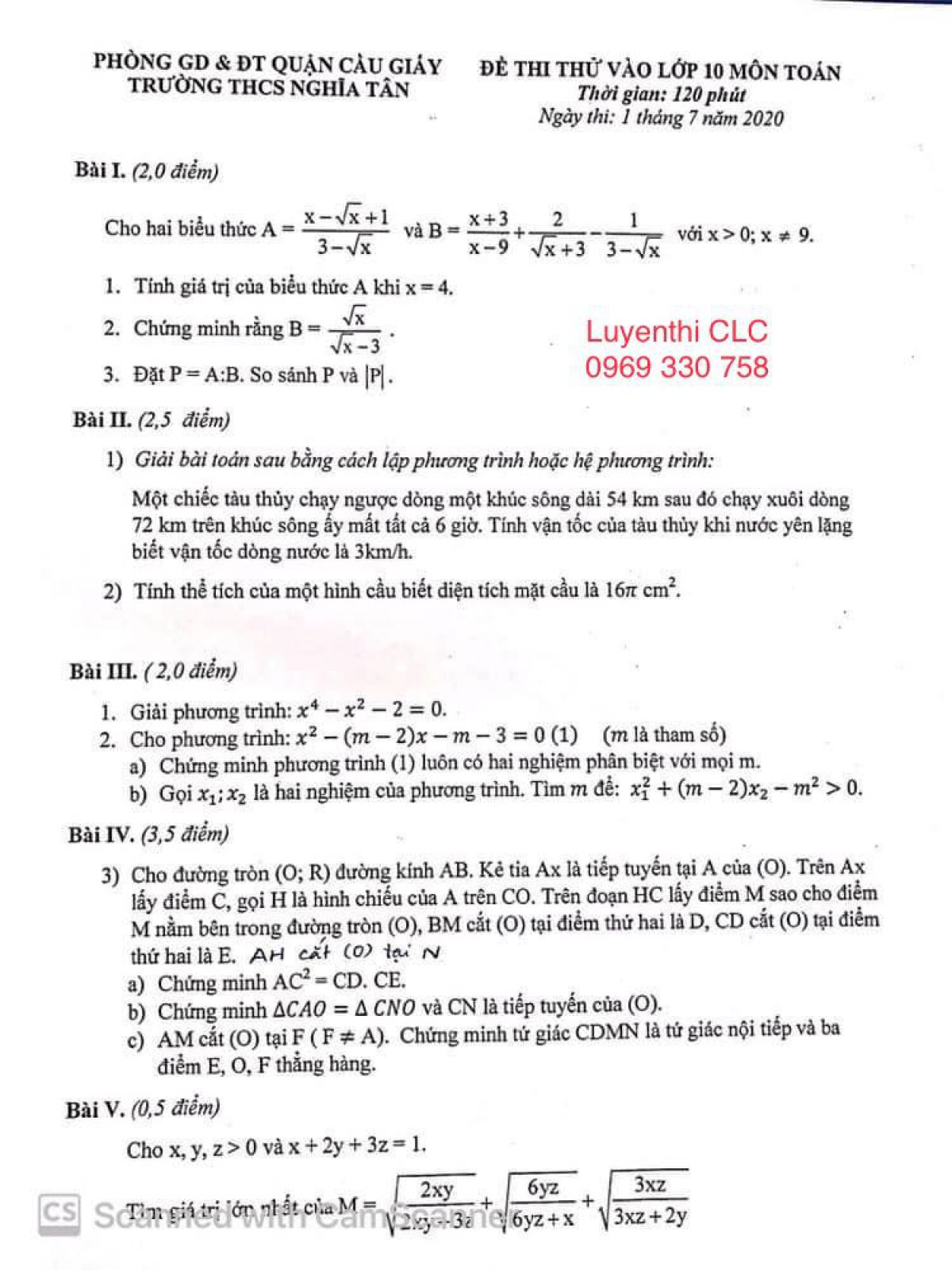 Đề thi thử v&agrave;o lớp 10 m&ocirc;n TO&Aacute;N Trường THCS Nghĩa T&acirc;n năm 2020