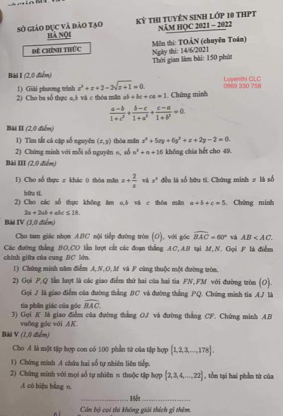Đề thi tuyển sinh vào lớp 10 THPT môn Toán ( Chuyên ) tại Hà Nội năm 2021